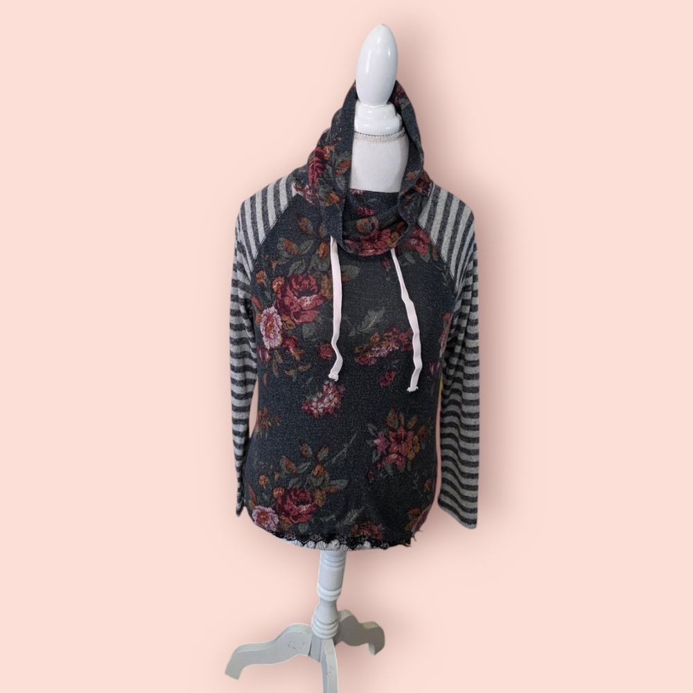 Floral and Striped Cowl Neck Sweater Sz S